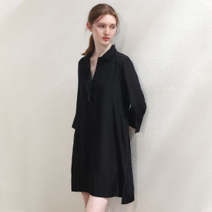 Miccbeirn | Elegant V-neck Silk Chiffon Dress Glitter Embroidery Slimming Mid-length Lazy Style Commute Simple High-waist Bright Thread