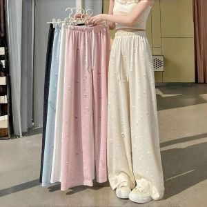 Korean Style Casual High Waist Wide Leg Pants Womens Summer 2025 New Glitter Ice Silk Floor-Length Torn Diamond Pants