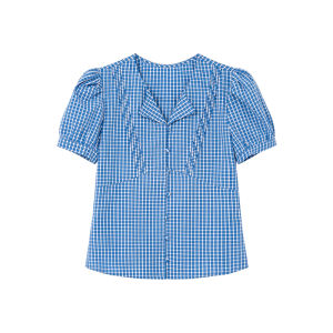 Design Sensation Blue Check V-Neck Puff Sleeve Slim Fit Shirt