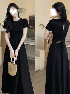 Summer New Style Womens Design Sense Hollow out Back Drawstring Short Sleeve T-Shirt High Waist Half Body Skirt Set