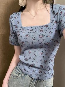 Chic Short Sleeve Floral Print Square Neck Knitted T-Shirt Womens Stylish Sweet Short Length Versatile Korean Style Top