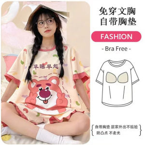 Bộ Đồ Ngủ Cotton Nguyên Chất Mùa Hè Cho Nữ Có Đệm Ngực Bộ Đồ Mặc Nhà Tay Ngắn Họa Tiết Hoạt Hình Mới Chống Điểm Trồi