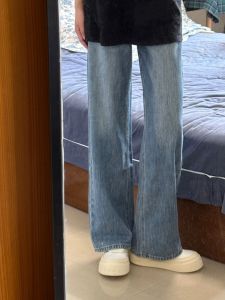 Retro Blue Fleece Lined Straight Leg Jeans Womens High Waist Wide Leg Pants Pear Shape Body Slimming Trousers for Women