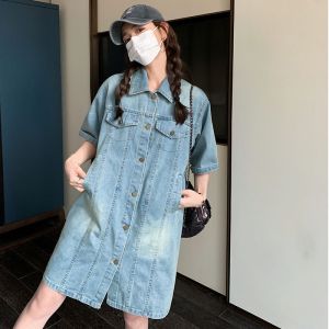Korean Style Loose Sweet Denim Shirt Dress Women Summer New Casual Slimming Beautiful Dress A-Line Skirt Short Sleeve Mid-Length