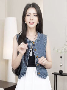 Summer Thin Short Denim Vest Womens Outerwear Sleeveless round Neck Jacket Trendy Commute Style Cotton Polyester Regenerated Fiber