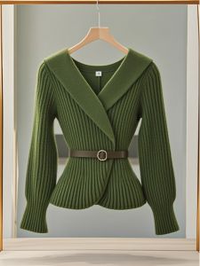 Fall Season French Vintage Green Long Sleeve Knitted Sweater Commute Elegant Lazy Style Comfortable Fit Rectangle Body Type
