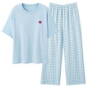 Miiow | Pure Cotton Short Sleeve Long Pants Sleepwear For Women Spring Autumn Comfortable Breathable Home Clothes With Chest Pad