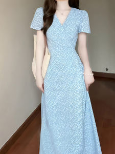 ANFEIQI | Elegant French Style Slimming V-neck Blue Floral Long Dress
