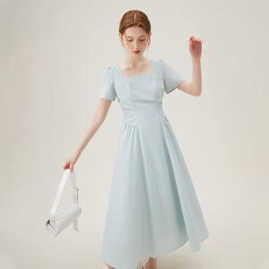 FANSILANEN | Blue Graceful Square Neck French Style Maxi Dress