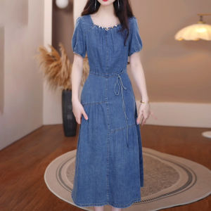 Summer New Style Womens Denim Dress Thin High Waist A-Line Skirt Casual Luxury Sensation Short Sleeve Mid-Length Dress