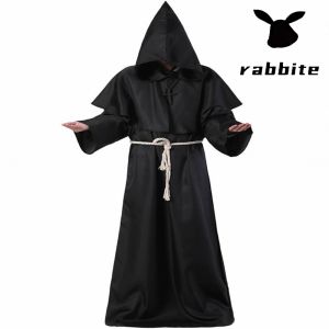 Rabbite Adult Man Wizard Costume Medieval Monk Friar Robe Christian Priest Hooded Cape Grim Reaper Cosplay Robe Halloween Performance Costumes