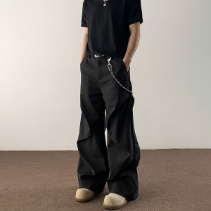 Black Mens Retro American Style Casual Pants Quick Dry Pleated Loose Fit Straight Leg CleanFit Workwear Casual Trousers