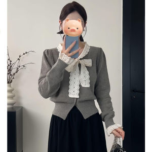 BINKAFENNY | French Sweet Lace Butterfly Knot Belted Knitted Open Cardigan Womens Autumn Winter Lazy Style Sweater High-End Short Top