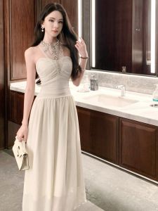 Elegant Chinese Womens Long Evening Gown with Heavy Rhinestone Embellishment Unique French Style Neck Hanging Dress
