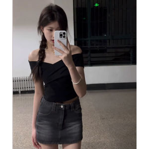 Womens French-Style off-Shoulder Short-Sleeved T-shirt Summer Skinny Slimming Fashion Western Style off-the-Shoulder Collarbone Chic and Beautiful Tops