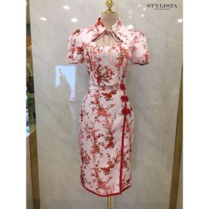 🌸 เสื้อครอป+กระโปรงกี่เพ้าสีชมพู คอโบว์ ลายดอกไม้ 🌸stylista ST31021