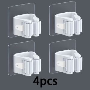 4pcs Easy-Install Wall-Mounted Mop & Broom Holder - Strong Adhesive No-Drill Storage Rack for Home Organization