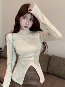 GUZILIAN | Slim Fit Womens Casual Stand Collar Base Shirt Long Sleeve Hollow Out Back Split Autumn Style Commute Simple Fashion Top