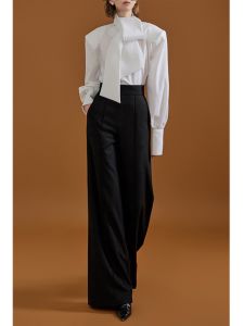 PIAOYA | Quần Dài Nữ Đùi Rộng Cao Thắt Lưng Phong Cách Dễ Thương Cho Người Bé Gọn Có Drape Và Đùi Thẳng