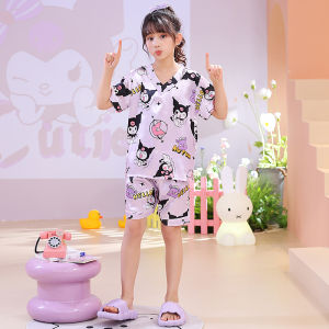 Đồ ngủ trẻ em đồ ngủ cô gái đồ ngủ hoạt hình mẫu băng lụa vải cho tay áo ngắn
