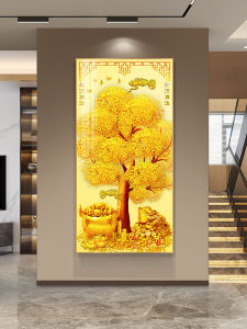 Gold Pachira Macrocarpa Entrance Painting Modern Light Luxury Corridor and Aisle Painting Elegant Vertical Money Tree Mural