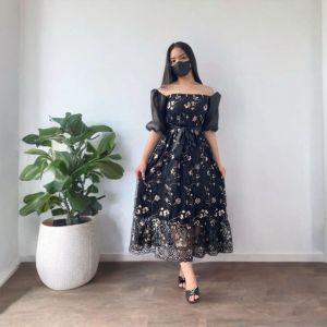 Dress Sabrina Bunga Nomi Dress Natal Brukat Tile Square Neck Dress Pesta Mewah Kondangan Model Sabrina Dress Organza Mengembang