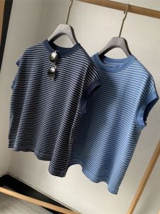 Summer New Loose Cotton Knitted Short Sleeve T-Shirt Womens round Neck Stripe Color Block Casual Versatile Fashion Top