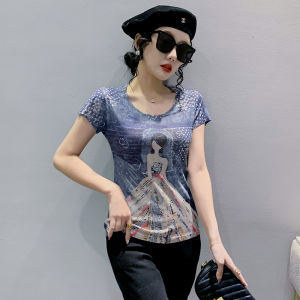 REHIN Womens top Summer new fashion unique print short-sleeved T-shirt cotton bottoming shirt S-3XL slim fit blouse