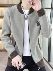 ROMON | Lormen Mens Knitted Cardigan Coat Fleece Lined Baseball Collar Warmth Spring Autumn Fashion Urban Style Long Sleeve Sweater