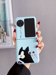 เคสโทรศัพท์มือถือสำหรับ OPPO Find N3 Flip และ Find N2 Flip เคสสีฟ้า พิมพ์ลายแมว มาพร้อมตาดึ๊กดิ๊ก และน่ารักสไตล์เกาหลี