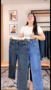 JIAQI กางเกงยีนส์เอวสูงทรงตรง สไตล์เกาหลี ยืดหยุ่นรัดรูป เหมาะสำหรับสาวรูปร่างเต็ม มีสองสี สวยมาก 📏 S-5XL