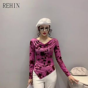 REHIN Womens top Autumn new irregular stretch slim jacquard long sleeve T-shirt fashionable thin blouse
