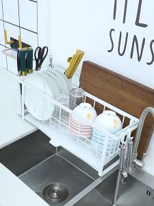 Kitchen Dish Drain Rack With Tray Chopstick Holder Movable Hook Dinner Plate Holder Carbon Steel