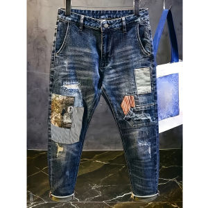 Retro Spliced jeans Mens Trendy Brand Ripped Bear Patch Loose Classic Man Pants Rhinestones Denims Tears Streetwear for Man