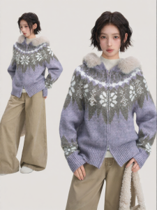 BAIDAIFEI | Áo Len Cardigan Nữ Mùa Đông Dày Có Mũ Cổ Lông Họa Tiết Fair Isle Màu Tím