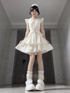 HUAYILING | Summer V-neck Lace Hem Short Dress Womens French Style High Waist A-line Skirt Sweet Pure Color Polyester Cotton Blend Dress