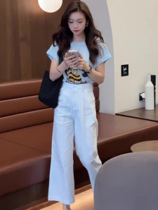 Shalldoer | Summer Chic High Waist Wide Leg Pants Short Sleeve Casual Two Piece Set Fashionable Cartoon Print Top And High Waist Pants