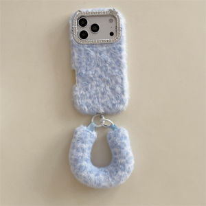 Potdemiel | Luxury Leopard Print Diamond Warm Fluffy Plush Phone Case For iPhone 17 Air 16 15 14 13 Pro Max With Bracelet Shockproof Cover