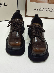 Womens Thick Bottomed Leather Loafers Spring 2025 Retro Lace-Up British Style Big Head Flat Shoes Comfortable Fashionable