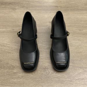 Fashionable French Style Rivet High Heel Mary Jane Single Shoes Womens Versatile Classic round Toe Leather Slip-On Shoes