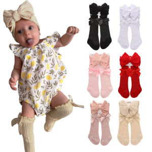 3Pcs/Set Baby Cable Knit Nylon Bows Headbands with Lace Eyelet Socks Double Layers Topknot Long Knee Princess 0-12M Clothing