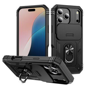 For IPhone 17 Air 16e 16 15 14 Plus 13 12 Pro Max Slide Camera Phone Case Heavy Duty Build in 360 Degree Rotate Kickstand Cover