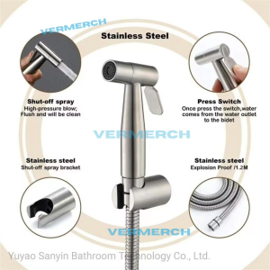 Vermerch VBS-01 Bidet Set 304 Stainless Steel Premium Quality 3 in 1 Bidet Set with Hose Holder and Bidet Head Heavy Duty Bidet Spray Gun Set SUS304 Stainless Steel 3In1 Bathroom Toilet Washer With Hose Holder Handheld Bidet Spray Set Heavy Duty Bidet