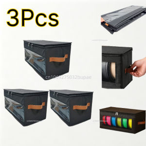 Extra Large Fabric Storage Box Organizer Foldable Dustproof  Transparent View Window Reinforced Leather Handle Space Saving Box