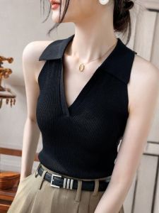 Slim Fit Knitted Sleeveless V-Neck T-Shirt Womens Summer New Style Sweet And Spicy Hanging Neck Base Layer Vest Korean Style