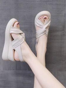 Womens Roman Style Thick Heel Sandals Summer New Cross Toe Casual High Heel Increase Small Size Slip-On Shoes PU Material