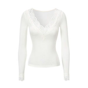 Slimming V-Neck Eyelash Lace Womens Long Sleeve Knit Top