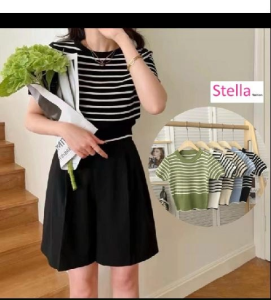 Stella Fashion Korean Style Striped Knit Top Women Short Sleeve Slim Fit Round Neck T-Shirt Pullover