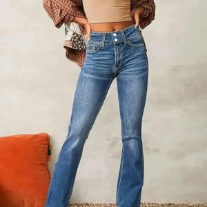 Jeans for Woman Y2k Jeans Blue Stretch Flared Minimalist Vintage Retro High Waist Comfort Daily Wear Fashion Trendy