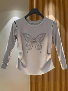 Pure Cotton Long Sleeves T-shirt Female 2024 Autumn New Arrival Butterfly Diamond Hot Rhinestone Beaded Fashion All-Match Slim Looking Tops Female